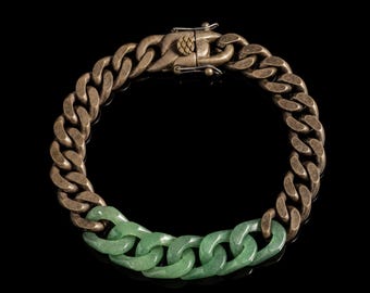 Hand Carved Jade Bracelet | Vintage Bronze Chain | Antiqued Patina Jewelry | Rustic Streetwear Accessory