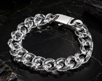 Translucent Quartz Cuban Chain Bracelet | Pure Icy Crystal Links, 7mm