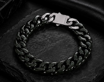 Dark Green Jade Cuban Link Bracelet | Hand-Carved Solid Natural Nephrite, 7mm