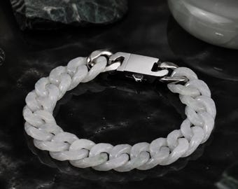 Burmese White Jade Cuban Link Chain Bracelet | Hand Carved Solid Jadeite Chain | 12mm Icy White Jade Jewelry | Hypebeast Streetwear Gift