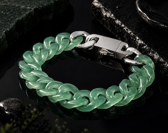 African Green Jade Cuban Link Bracelet | Natural Dark Green Stone | Classical Cuban Series
