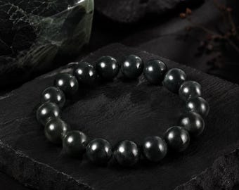 Dark Green Nephrite Jade Bracelet | 12mm Natural Wood Round Bead Wristband | Hand Strung High Gloss Gemstone Jewelry