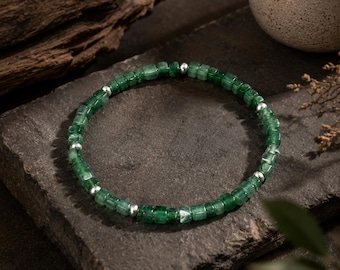 Icy Green Jade Block Beads Bracelet In Natural Guatemalan Jadeite