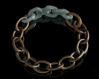 Hand Carved Jade Bracelet | Vintage Bronze Chain | Antiqued Patina Jewelry | Rustic Streetwear Accessory