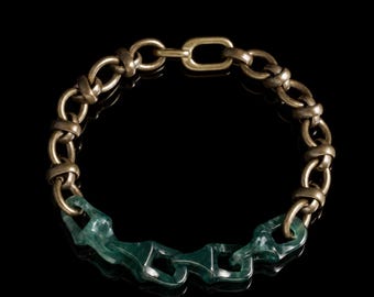 Hand Carved Jade Bracelet | Vintage Bronze Chain | Antiqued Patina Jewelry | Rustic Streetwear Accessory