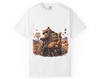 Route 66 Biker Cat T-Shirt | Motorcycle Cat Illustration
