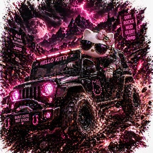May include: A black Jeep with pink accents and the text "HELLO KITTY" is driving through water. The Jeep has the text "BUILT CUTE NOT STOCK" and "4x4 NO LIMITS NO APOLOGIES Jeep". A Hello Kitty figure wearing sunglasses is driving the Jeep.