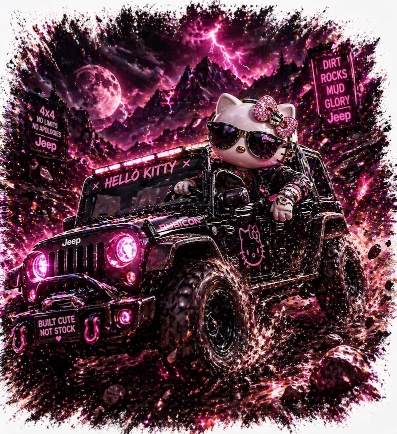 May include: A black Jeep with pink accents and the text "HELLO KITTY" is driving through water. The Jeep has the text "BUILT CUTE NOT STOCK" and "4x4 NO LIMITS NO APOLOGIES Jeep". A Hello Kitty figure wearing sunglasses is driving the Jeep.