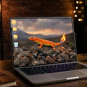 May include: A laptop computer displaying a desktop background with an orange lizard with a flame tail. The laptop sits on a wooden desk with a coffee mug, notebook, and mouse. The background includes a bookshelf and a brick wall.