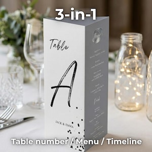 Wedding Table Number Template with Menu & Timeline, Editable Tri Fold Table Card, Minimalist Wedding Sign, Printable Reception, A4 11x8.5