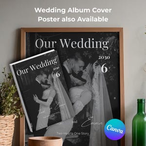 May include: A framed black and white wedding photo with the text "Our Wedding 2030 6". A smaller album with the same image and text is in front of the frame. The text "Two Hearts One Story" is also visible.