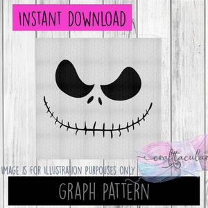 Op de afbeelding: Zwart-wit grafiekpatroon van Jack Skellingtons gezicht uit de film The Nightmare Before Christmas. Het patroon is geschikt voor kruissteek of andere borduurprojecten. De tekst "GRAPH PATTERN" staat onderaan de afbeelding.