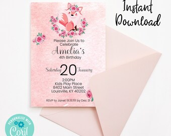 EDITABLE | Floral Fox Birthday Invitation | Custom | Printable