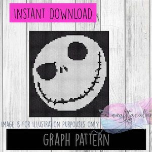 Op de afbeelding: Zwart-wit pixel art grafiekpatroon van Jack Skellingtons gezicht uit The Nightmare Before Christmas. De afbeelding is gelabeld met "GRAPH PATTERN".