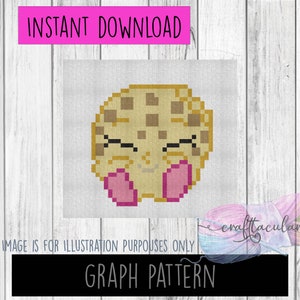 May include: A digital graph pattern featuring a pixelated cookie with a smiling face and pink feet. The image includes the text "INSTANT DOWNLOAD" in a pink rectangle and "GRAPH PATTERN" in a black rectangle.