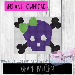 May include: A digital graph pattern showing a pixelated skull and crossbones design. The skull is purple with a green bow, and the crossbones are black. The words "INSTANT DOWNLOAD" and "GRAPH PATTERN" are displayed.