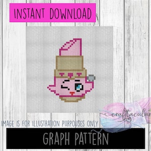 May include: A pixelated pink lipstick character winking, with a tan base and a silver accessory. The image includes the text "INSTANT DOWNLOAD" in pink and "GRAPH PATTERN" in black. The background is a light gray square.