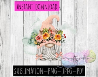 Instant Download Gnome with Flowers Sublimation graphic PNG-JPEG-PDF