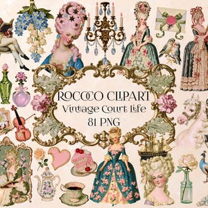 Puede incluir: Una colección digital de imágenes prediseñadas de estilo rococó que presenta figuras del siglo XVIII con atuendos elaborados, marcos dorados ornamentados, arreglos florales, muebles antiguos, una lámpara de araña, un caballo, un pavo real y varios objetos decorativos con el texto ROCOCO CLIPART Vintage Court Life 81 PNG.