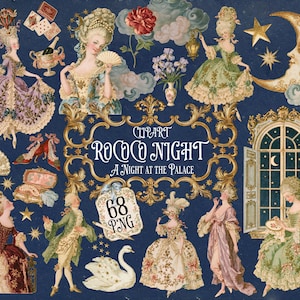 May include: A digital collection of 68 PNG clipart images featuring Rococo-style figures in elaborate gowns and suits, a swan, a crescent moon, stars, clouds, flowers, and a window frame, all set against a dark blue background with gold text.