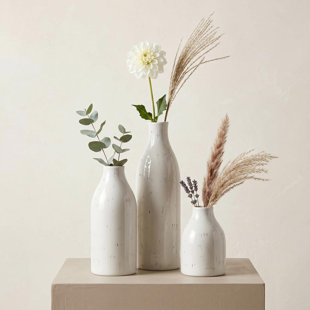 Set of 3 White Ceramic Vases, Rustic Farmhouse Flower Decor - Etsy