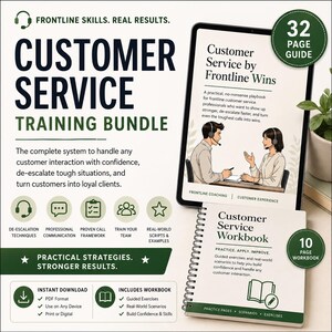 May include: A customer service training bundle with a 32-page guide and a 10-page workbook. The bundle includes a tablet displaying "Customer Service by Frontline Wins" and a spiral-bound workbook titled "Customer Service Workbook". The bundle promises practical strategies and stronger results.