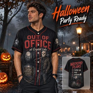 Koszulka baseballowa z motywem horroru na Halloween, koszulka z nadrukiem Camp Lake Slasher na guziki, koszulka unisex z motywem upiornego sezonu dla mężczyzn i kobiet