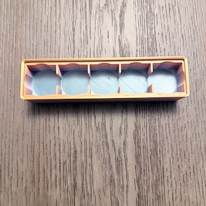 May include: An orange and blue 3D-printed organizer with five circular compartments. The organizer is rectangular and sits on a wooden surface. The compartments are designed to hold small, round objects.