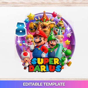 Puede incluir: Gr&aacute;fico colorido con personajes de Super Mario, incluyendo Mario, Luigi, la Princesa Peach y Yoshi. La imagen tiene un fondo morado y blanco con el texto "SUPER DARIUS" y el n&uacute;mero "8". Las palabras "EDITABLE TEMPLATE" est&aacute;n en la parte inferior.