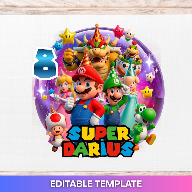Puede incluir: Gr&aacute;fico colorido con personajes de Super Mario, incluyendo Mario, Luigi, la Princesa Peach y Yoshi. La imagen tiene un fondo morado y blanco con el texto "SUPER DARIUS" y el n&uacute;mero "8". Las palabras "EDITABLE TEMPLATE" est&aacute;n en la parte inferior.