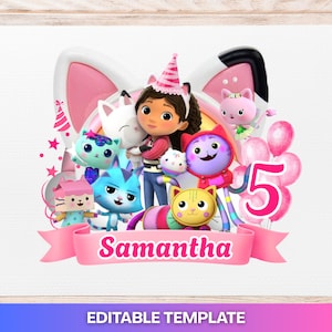 May include: A vibrant birthday cake topper with cartoon characters, a pink banner reading "Samantha", and the number "5". The design includes cat ears, balloons, and the words "EDITABLE TEMPLATE".