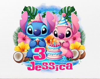 Editable Stitch and Angel Birthday PNG, Stitch PNG, Stitch Angel Birthday Template, Cake Topper, Stitch Birthday Shirt, Personalized Shirt