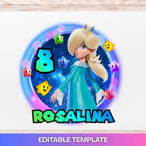 Pode incluir: Um gráfico circular com Rosalina da franquia Super Mario, rodeada por estrelas coloridas. O número 8 está no centro, com o nome "ROSALINA" abaixo. As palavras "EDITABLE TEMPLATE" estão na parte inferior.