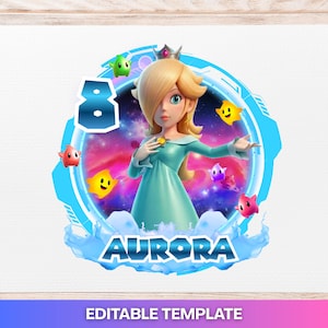 May include: A digital image featuring a cartoon character in a teal dress, surrounded by stars and a blue circular frame. The number 8 is displayed, along with the name "AURORA" and the text "EDITABLE TEMPLATE".
