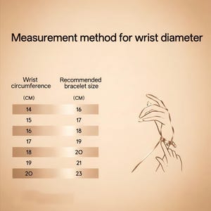 May include: A measurement chart titled Measurement method for wrist diameter, displaying a table with two columns: Wrist circumference (CM) and Recommended bracelet size (CM), alongside a line drawing of a wrist wearing a bracelet.