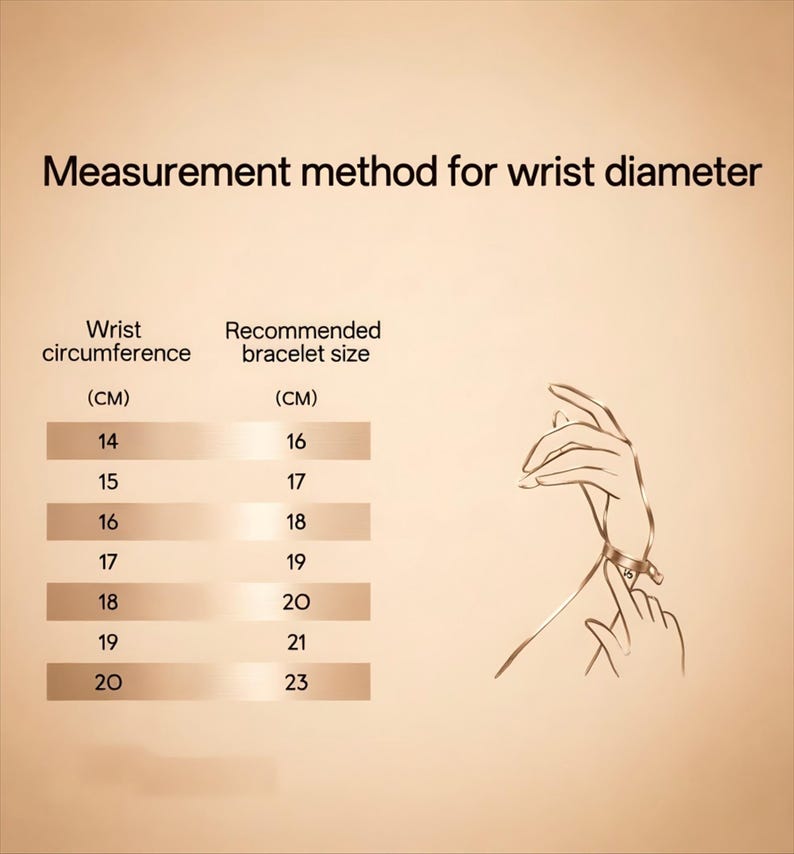 May include: A measurement chart titled Measurement method for wrist diameter, displaying a table with two columns: Wrist circumference (CM) and Recommended bracelet size (CM), alongside a line drawing of a wrist wearing a bracelet.