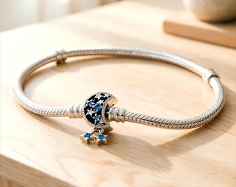 Pandora Star & Moon Snake Chain, Sterling Silver Moon Clasp Snake Chain Bracelet, Star Pendants, Blue Cubic Zirconia