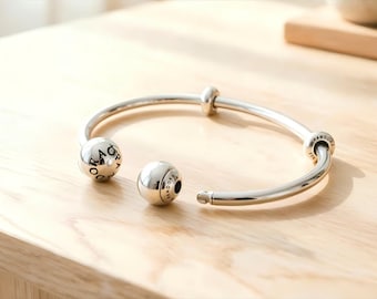 Sterling Silver Open Bangle Bracelet, Minimalist Polished Spherical Beads, Adjustable Design, Pandora Open Bangle