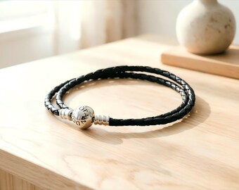 Black Braided Leather Double Wrap Bracelet, Sterling Silver Clasp (Pandora Engraved)