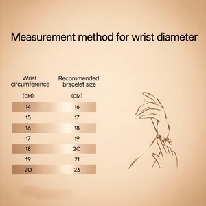 May include: A measurement chart titled Measurement method for wrist diameter, displaying a table with two columns: Wrist circumference (CM) and Recommended bracelet size (CM), alongside a line drawing of a wrist wearing a bracelet.