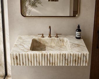 Calacatta Gold Fluted Marble Sink – Handmade Wall Mounted Natural Stone Bathroom Sink, Custom Floating Marble Basin by CalvoraMarble