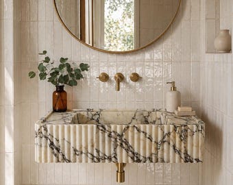 カラカッタ・ヴィオラ大理石シンク、溝付き壁掛け洗面器、高級バスルーム洗面化粧台、手作り天然石シンク