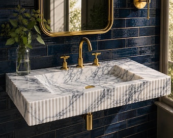 Lilac Marble Wall Mounted Sink | Floating Marble Bathroom Sink | Fluted Front Vanity Sink | Handmade Natural Stone Basin