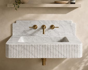 Custom Carrara Marble Wall Mount Sink, Fluted Floating Vanity, Handmade Stone Basin with Backsplash, Luxury Bathroom Sink