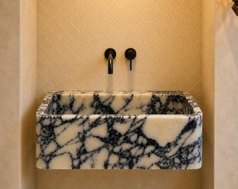 Calacatta Viola Marble Sink, Wall Mounted Natural Stone Basin, Custom Bathroom Vanity Sink, Luxury Powder Room Sink