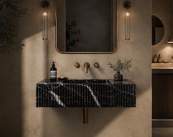 Nero Marquina Fluted Marble Sink, Custom Size Black Marble Sink, Wall Mounted Bathroom Vanity, Luxury Stone Washbasin