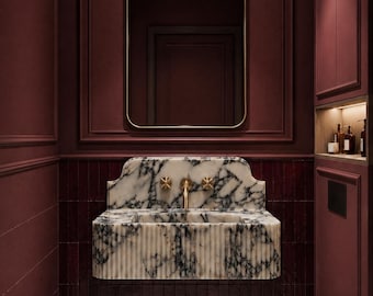 Calacatta Viola Marble Sink with Backsplash, Wall Mounted Fluted Floating Stone Bathroom Vanity, Handmade Custom Sink