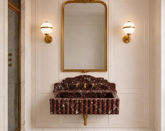 Rosso Levanto Marble Sink, Fluted Wall Mounted Stone Basin, Red Marble Vanity Sink with Backsplash, Luxury Bathroom Sink