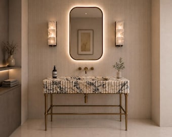 Calacatta Viola Marble Sink, Fluted Marble Bathroom Vanity with Brass Legs, Handmade Stone Sink, Luxury Custom Vanity Sink