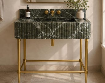 Green Levanto Marble Bathroom Sink with Optional Metal Legs, Custom Console Vanity Basin, Natural Stone Sink